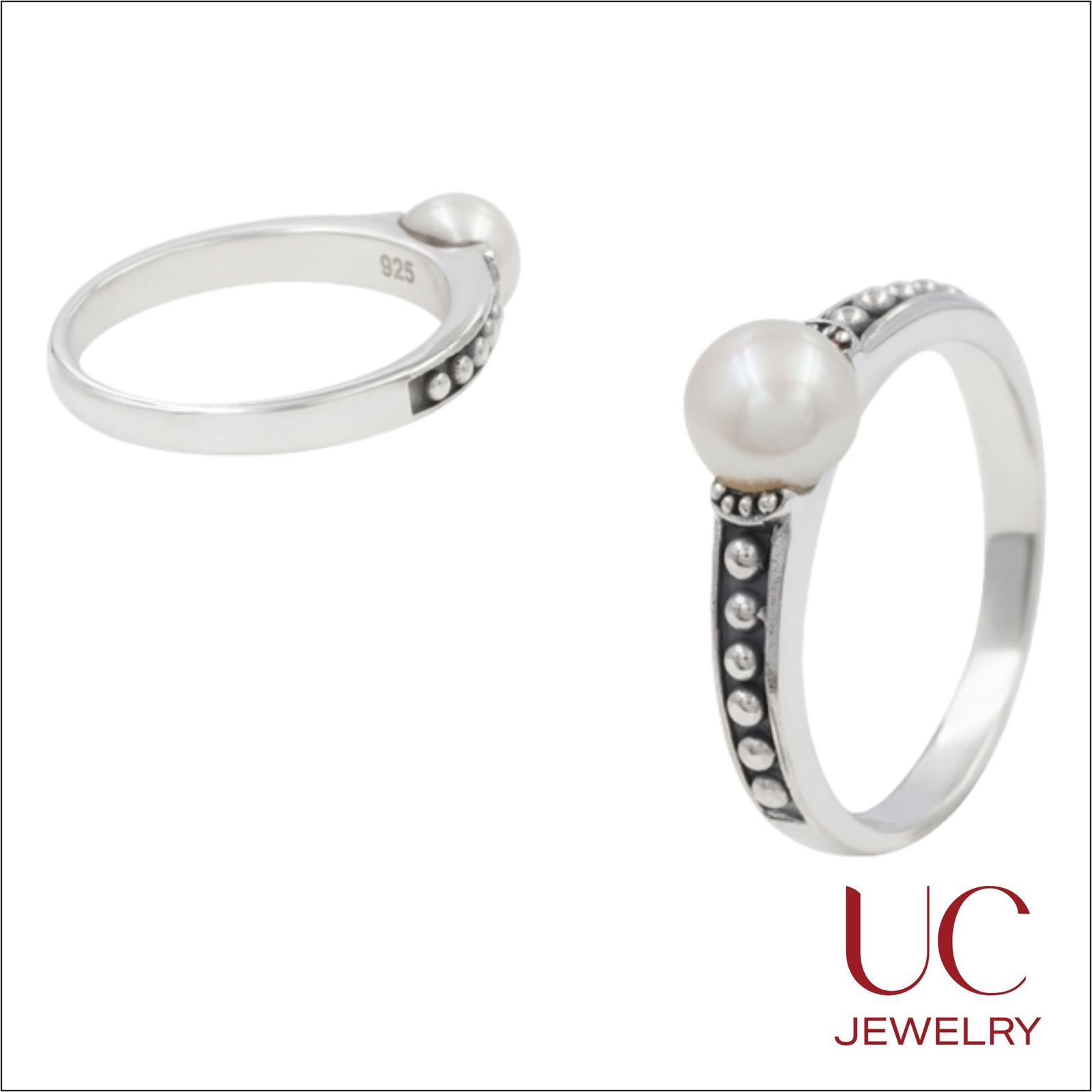 18 A sophisticated take on the June birthstone, this ring showcases a lustrous white pearl set on a handcrafted beaded band. Made with high-quality 925 silver, its oxidized finish adds depth and a touch of antique charm to any jewelry collection.