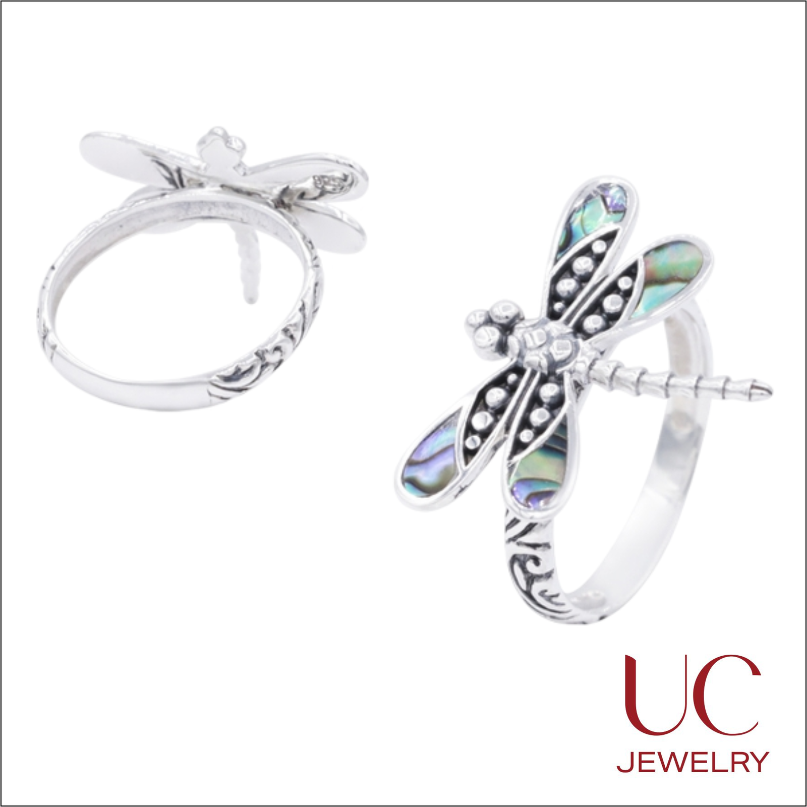 21 Embrace transformation with this Sterling Silver Dragonfly Ring. Adorned with shimmering Paua shell wings and an etched scroll band, it’s the perfect meaningful gift for someone special. Free shipping available.