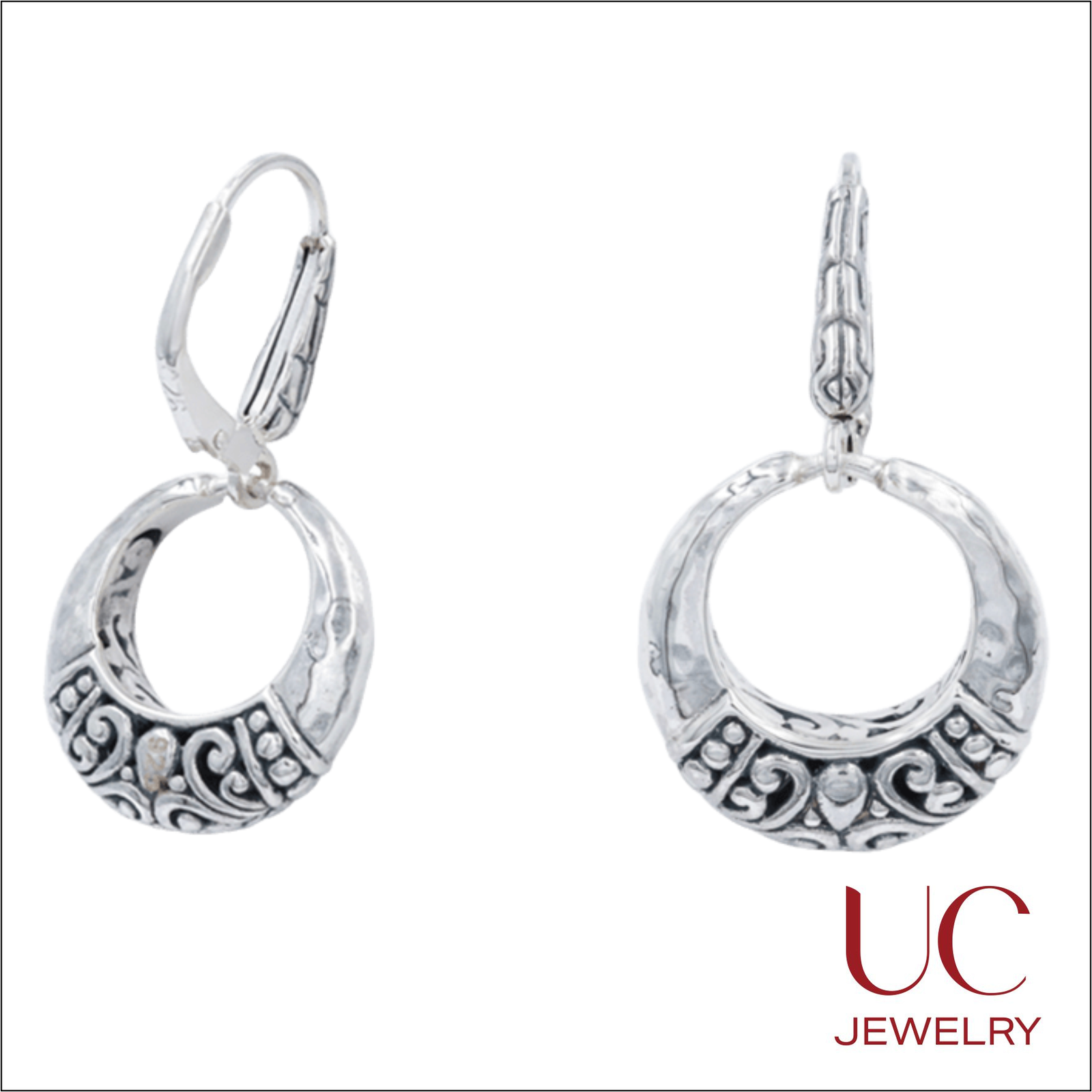 40 Shop our Sterling Silver Filigree Hoop Earrings. Designed with a secure lever-back closure for all-day comfort, these earrings blend high-polish hammered metal with antiqued silver detailing. Discover the perfect balance of artisan craftsmanship and modern style.