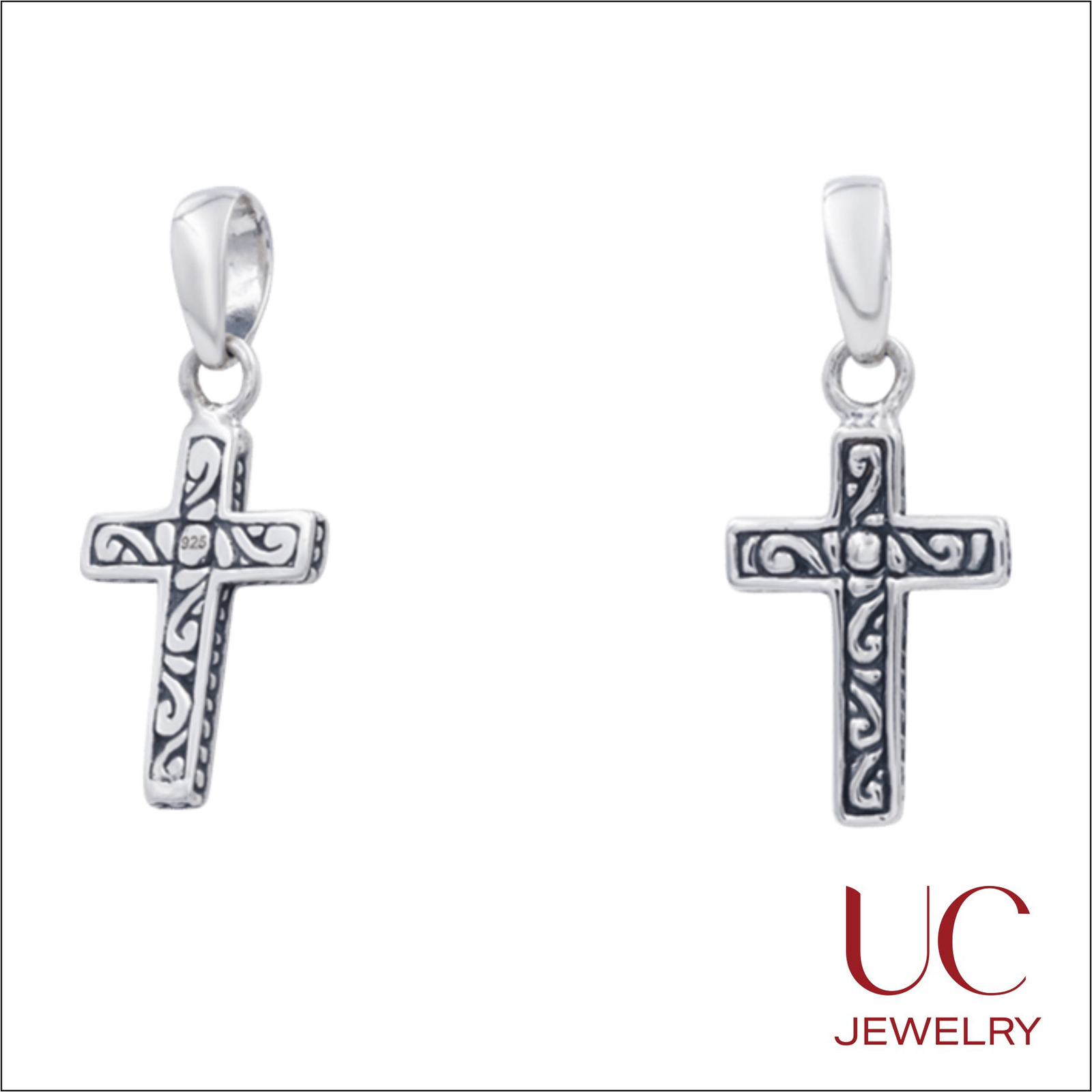 50 This 925 Sterling Silver Cross Pendant features an ornate, vintage-inspired design with intricate scrollwork and a deep oxidized finish. The blackened background highlights the raised silver patterns, creating a striking Celtic-style aesthetic. Material: Authentic 925 Sterling Silver Design: Detailed filigree scrollwork with a polished beveled edge Finish: High-contrast antiqued/oxidized silver Versatility: Includes a smooth, tapered bail compatible with most chains Perfect as a meaningful gift or a timeless addition to a personal jewelry collection.