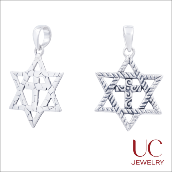 This 925 Sterling Silver Messianic Star of David Pendant features a beautifully integrated Christian Cross at its center, symbolizing the harmony of faith and heritage. The front showcases an oxidized, rope-textured finish with elegant scrollwork on the cross, while the reverse offers a high-polish, hammered look for versatile wear. A meaningful piece for Messianic believers or those celebrating interfaith unity, this durable pendant is a timeless expression of spiritual identity. Key Highlights: Material: Genuine .925 Sterling Silver (Hallmarked). Design: Dual-sided with intricate filigree and antiqued detailing. Symbolism: Merges the Magen David and the Latin Cross. Versatility: Includes a polished tapered bale compatible with most chains.