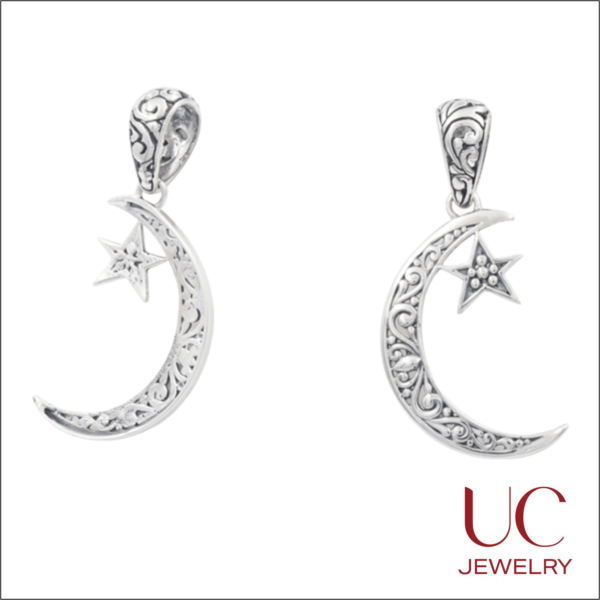 Exquisite sterling silver drop earrings featuring an intricately detailed crescent moon and star design. Each piece is adorned with hand-finished Balinese-style filigree and subtle oxidation to highlight the ornate scrollwork. Product Highlights Design: Celestial motif with a textured, granulated star cradled by a slender crescent moon. Craftsmanship: High-quality antiqued finish on a decorative, oversized bale for fluid movement. Style: A perfect blend of Bohemian elegance and mystical charm.