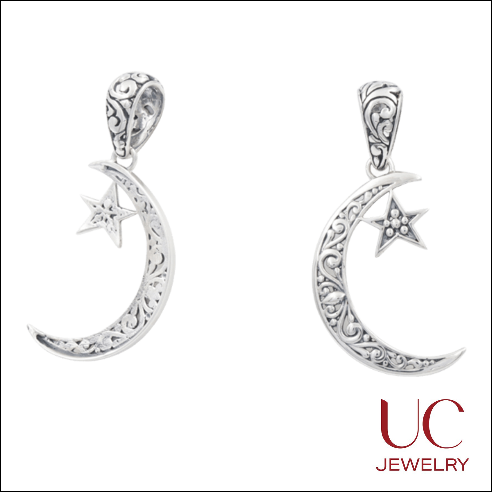 52 Exquisite sterling silver drop earrings featuring an intricately detailed crescent moon and star design. Each piece is adorned with hand-finished Balinese-style filigree and subtle oxidation to highlight the ornate scrollwork. Product Highlights Design: Celestial motif with a textured, granulated star cradled by a slender crescent moon. Craftsmanship: High-quality antiqued finish on a decorative, oversized bale for fluid movement. Style: A perfect blend of Bohemian elegance and mystical charm.