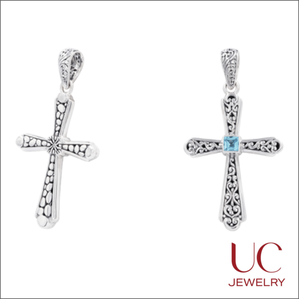 Elevate your look with our Sterling Silver Blue Filigree Cross. A masterpiece of oxidized silver craftsmanship featuring a stunning blue centerpiece and reversible textured backing. Shop the UC Jewelry collection now.