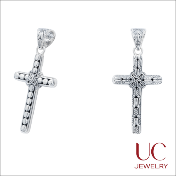 A modern take on a classic symbol. This Antiqued Silver Cross features a Byzantine weave and textured knot detail. Durable, masculine, and elegantly crafted.