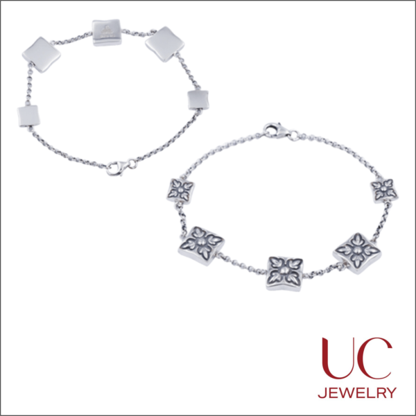 Elevate your stack with UC Jewelry. Choose between vintage-inspired floral motifs or sleek minimalist squares. Handcrafted silver bracelets for everyday luxury.